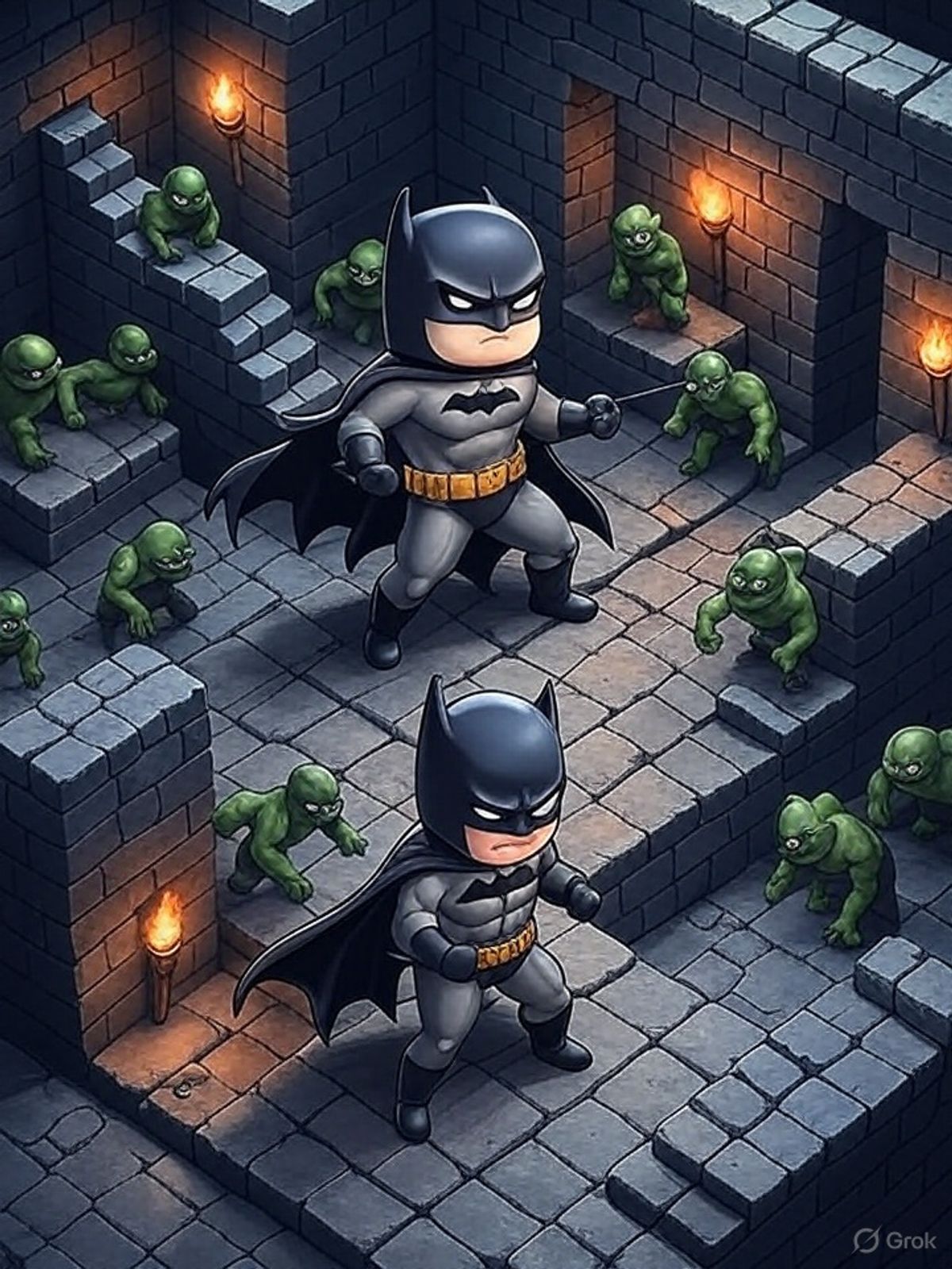 Batman en combate isometrico con miriadas de enemigos