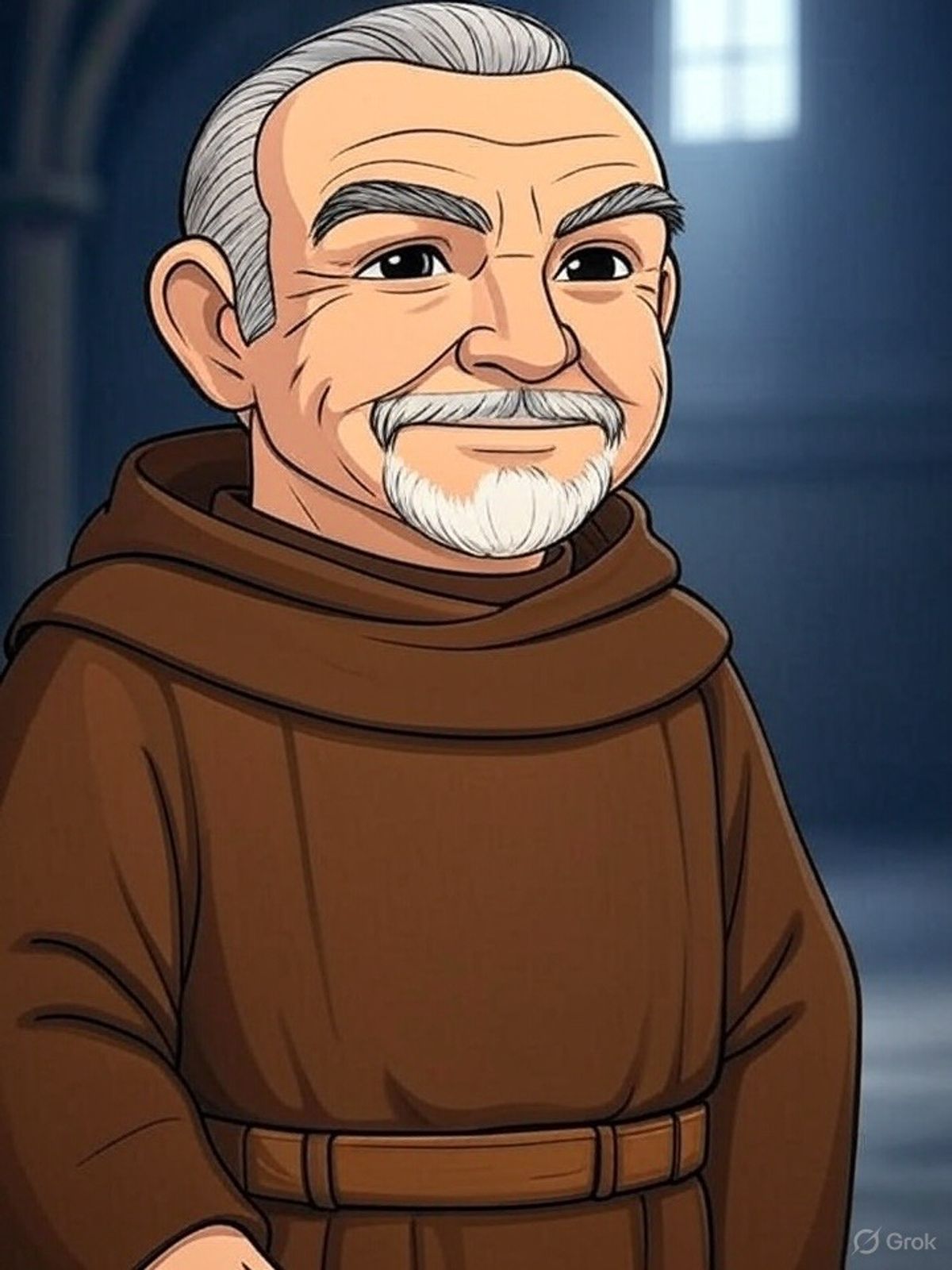 Retrato Chibi de Sean Connery representando La Abadia del Crimen y los dibujos de JMV