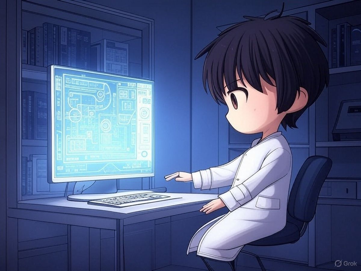 Personaje Chibi estudiando en el ordenador